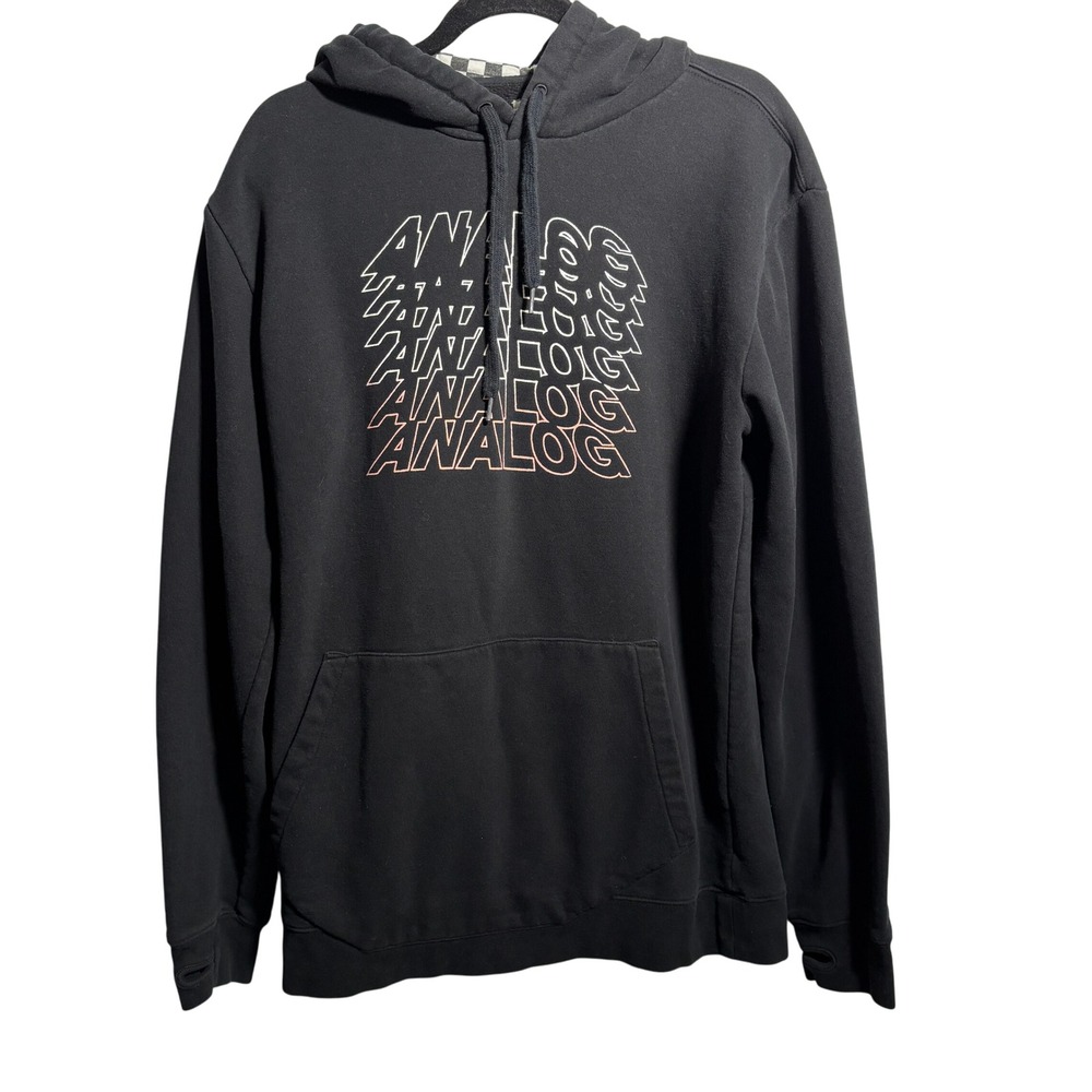 Analog Mens Large Black Pullover Hoodie Sweatshirt Check Checkerboard Hood L